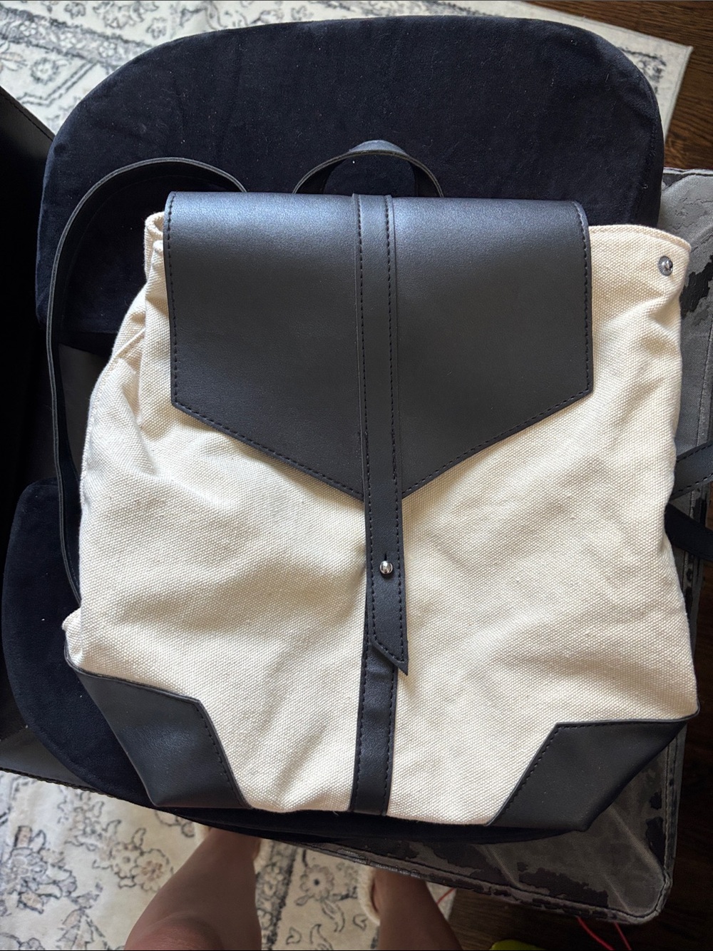 Deux Lux Black and Cream Canvas Backpack with Leather Trim